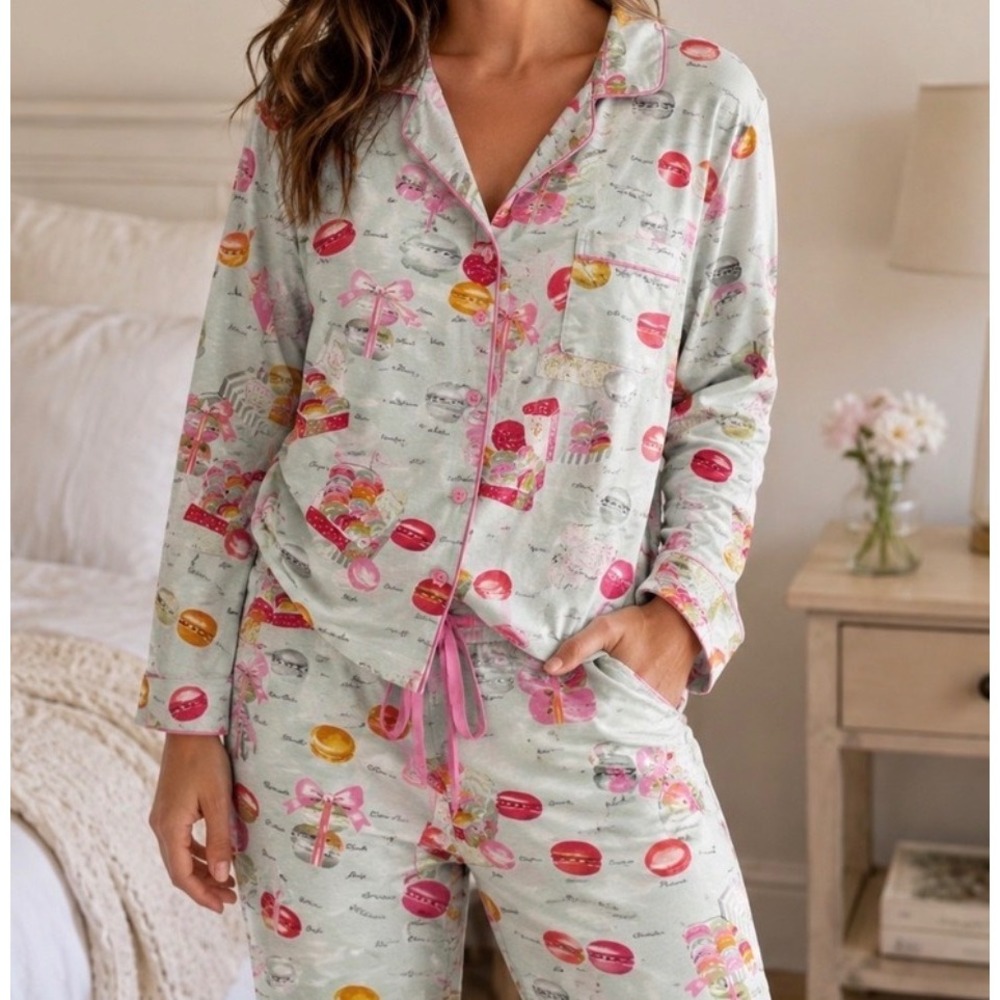 Nick & Nora 100% Cotton Flannel Pajama Set L Macaron Print Sleepwear Cozy